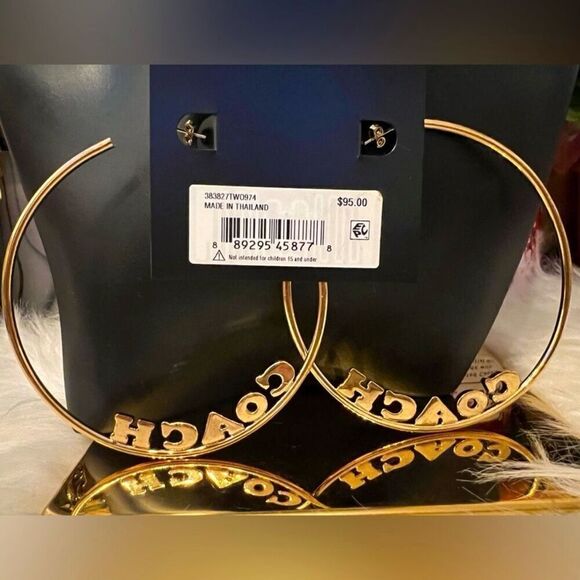 NWT Coach Signature Gold Big 3”Gold Polished Shinny Round Hoop Monogram Earrings - Picture 4 of 12